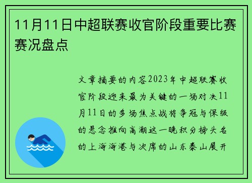 11月11日中超联赛收官阶段重要比赛赛况盘点