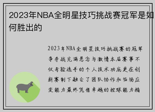 2023年NBA全明星技巧挑战赛冠军是如何胜出的
